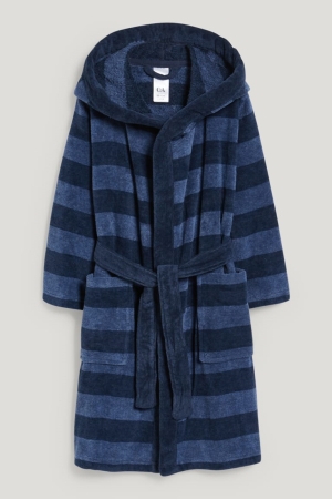 C&A Bathrobe With Hood A Strisce Blu Scuro | 3284-KHDMI