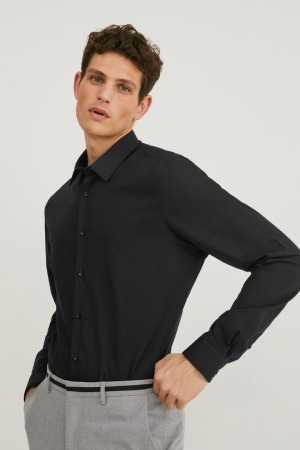 C&A Business Slim Fit Extra-long Sleeve s Easy-iron Nere | 1528-UIDHP