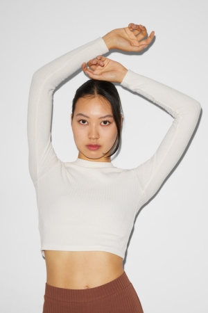 C&A Clockhouse Cropped Long Sleeve Bianche | 9013-WBTRO