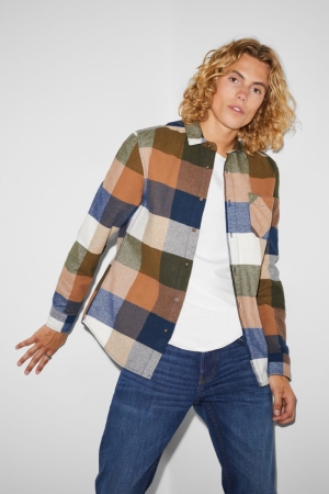 C&A Clockhouse Flannel Regular Fit Kent Collar Check Marroni Blu | 4356-NJRYZ