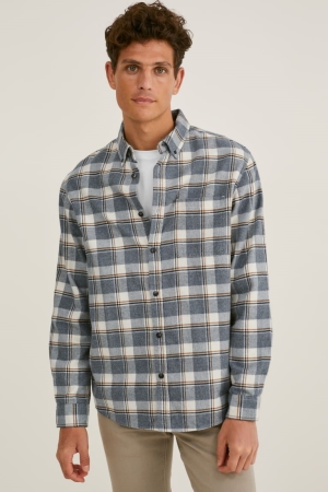 C&A Flannel Regular Fit Button-down Collar Check Bianche Grigie | 2578-RHMBS