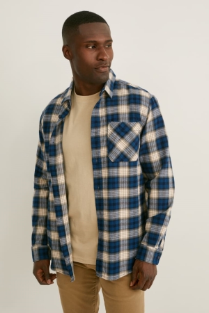 C&A Flannel Regular Fit Kent Collar Check Beige | 2946-KXFJB