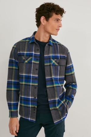 C&A Flannel Regular Fit Kent Collar Check Grigie | 3758-WVZPM