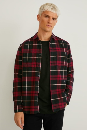 C&A Flannel Regular Fit Kent Collar Check Rosse Nere | 3901-RXLOK