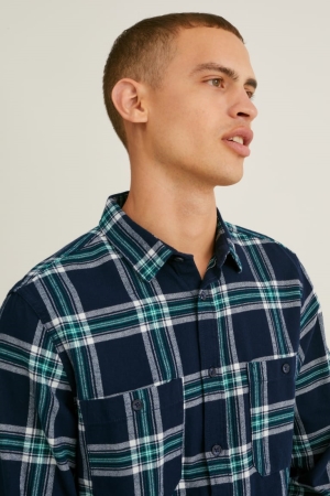 C&A Flannel Regular Fit Kent Collar Check Blu Scuro Grigie | 4059-IJCEO