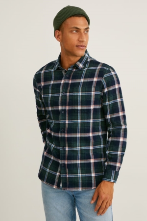 C&A Flannel Regular Fit Kent Collar Check Verdi Scuro Bianche | 4279-AJEPN