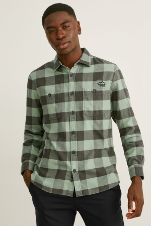 C&A Flannel Regular Fit Kent Collar Check Verdi Scuro Nere | 5914-IPEAY