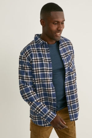 C&A Flannel Regular Fit Kent Collar Check Blu Scuro Bianche | 6917-KLYFP