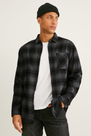 C&A Flannel Regular Fit Kent Collar Check Grigie Scuro | 8094-DTSNJ