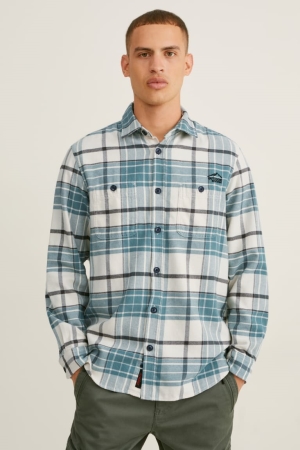 C&A Flannel Regular Fit Kent Collar Check Verdi Bianche | 9024-WBXSL