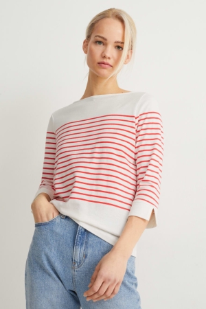 C&A Long Sleeve A Strisce Bianche Rosse | 9561-GKCPQ