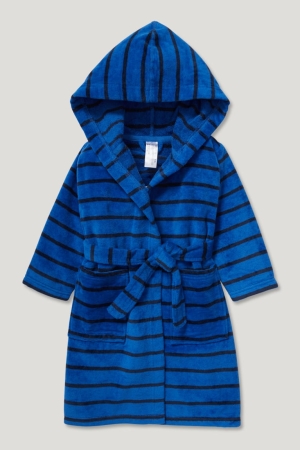 C&A Terry Cloth Bathrobe With Hood Organic Cotone A Strisce Blu Scuro | 5194-KICZO