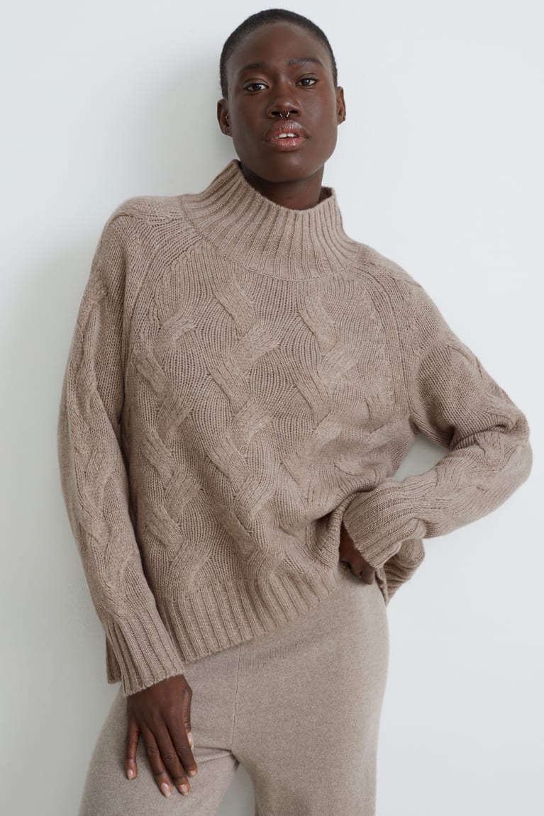 C&A Cashmere Cable Knit Pattern Grigie Marroni | 9138-ZLYMG