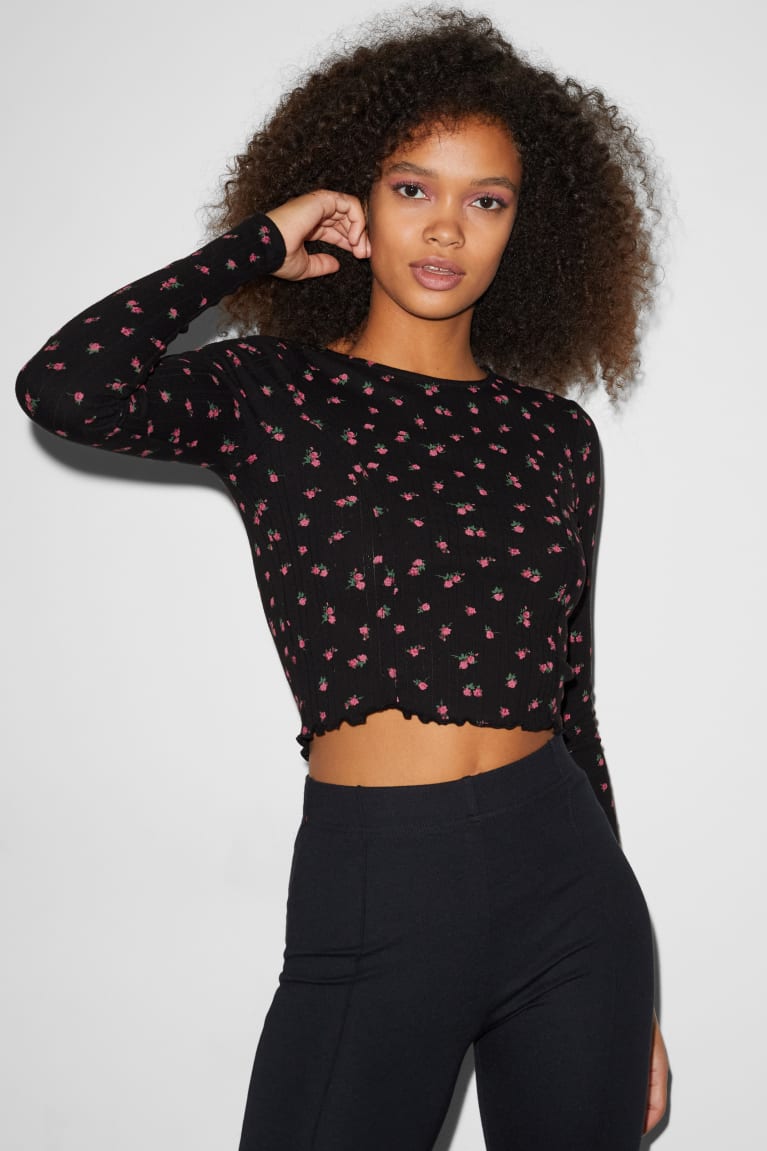 C&A Clockhouse Cropped Long Sleeve Floral Nere | 4036-EJFSY