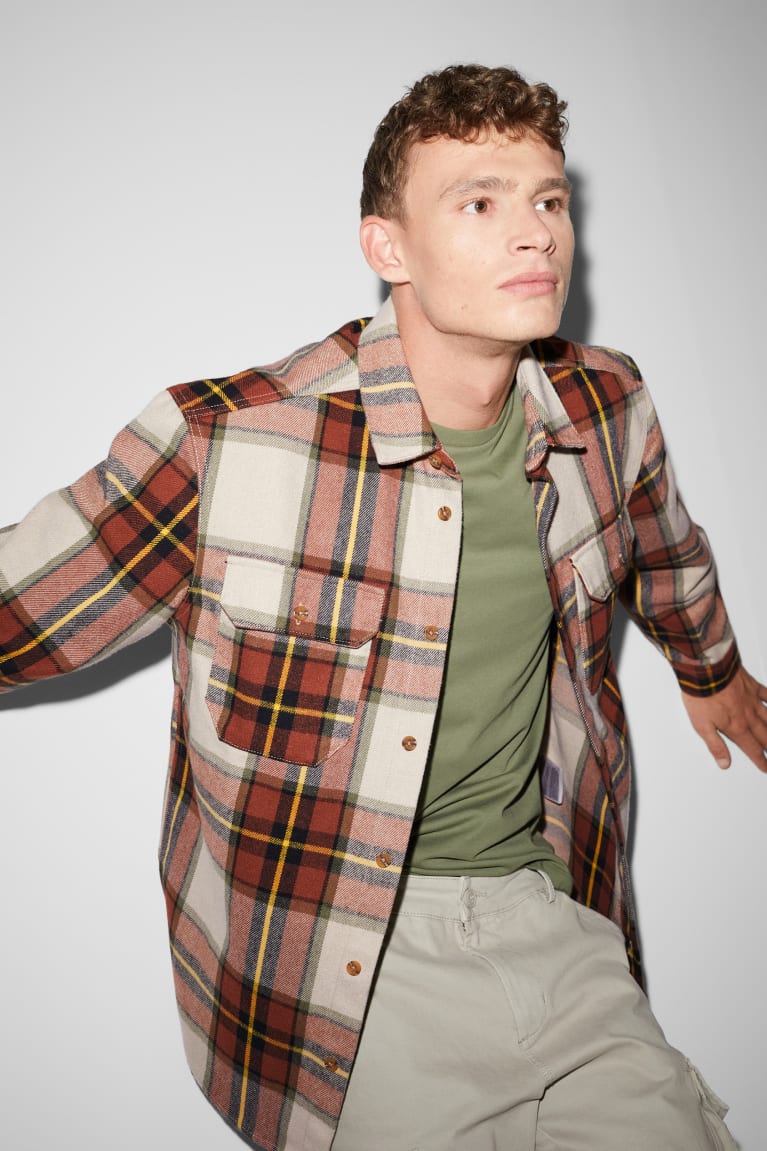 C&A Clockhouse Flannel Relaxed Fit Kent Collar Check Beige | 3697-FQPAC