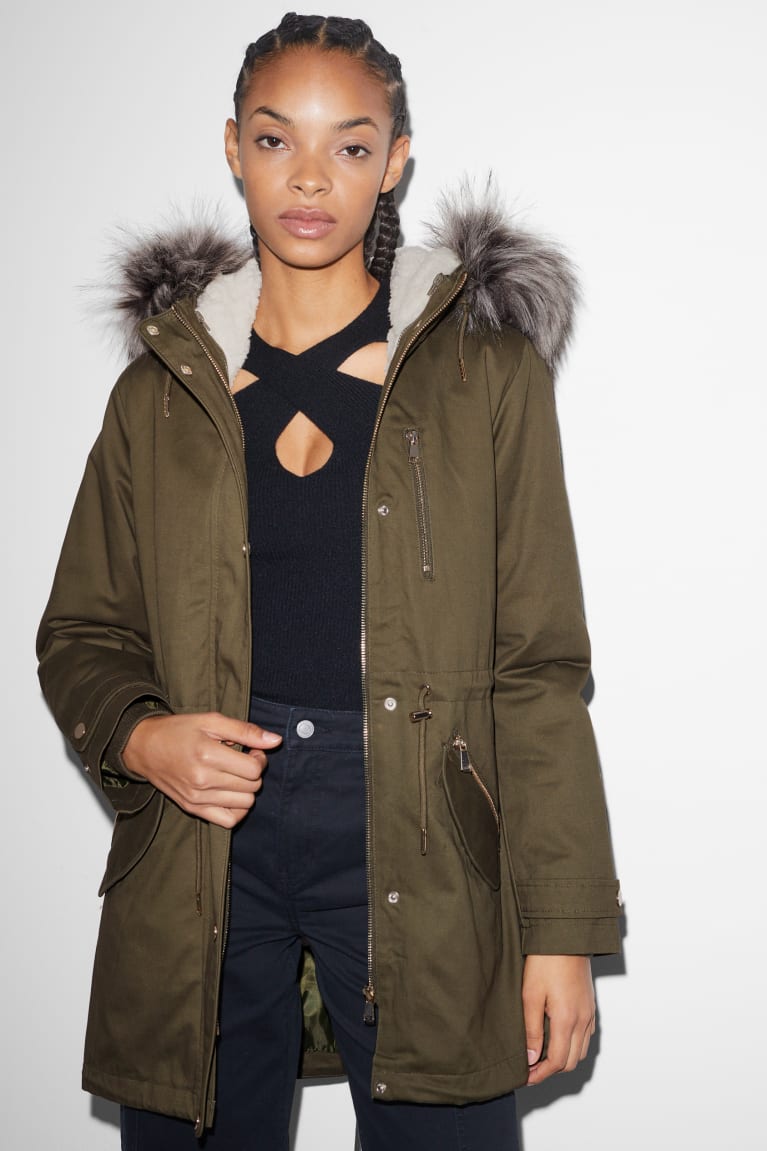 C&A Clockhouse Parka With Hood And Faux Fur Trim Invernali Verdi Scuro | 0384-EUJRC