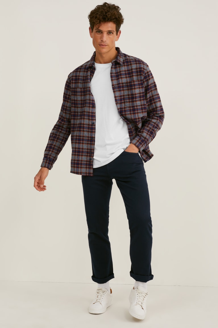 C&A Flannel Regular Fit Kent Collar Check Grigie Rosse Scuro | 4827-WXTFA