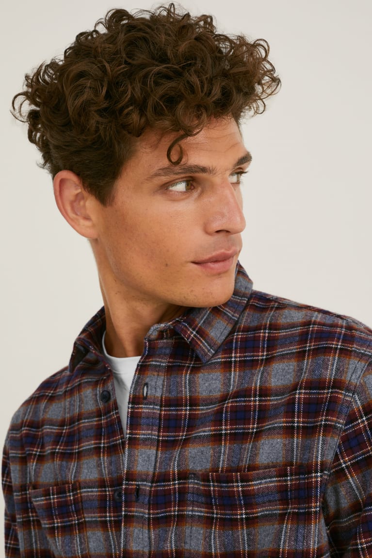 C&A Flannel Regular Fit Kent Collar Check Grigie Rosse Scuro | 4827-WXTFA