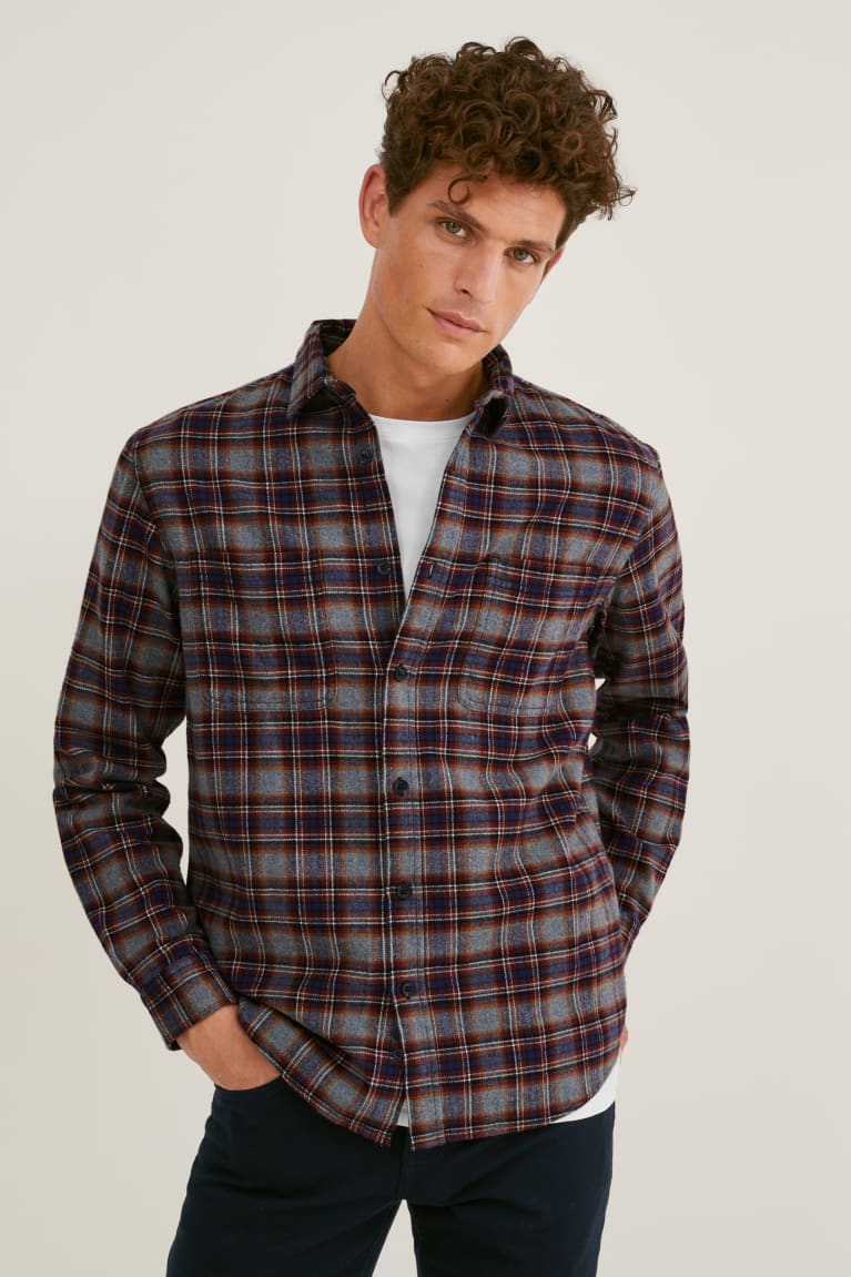 C&A Flannel Regular Fit Kent Collar Check Grigie Rosse Scuro | 4827-WXTFA