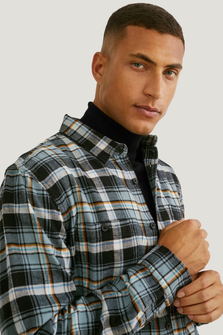 C&A Flannel Regular Fit Kent Collar Check Verdi Scuro Grigie | 9175-GVKRA