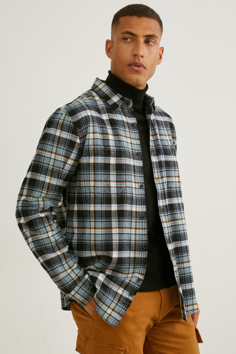 C&A Flannel Regular Fit Kent Collar Check Verdi Scuro Grigie | 9175-GVKRA